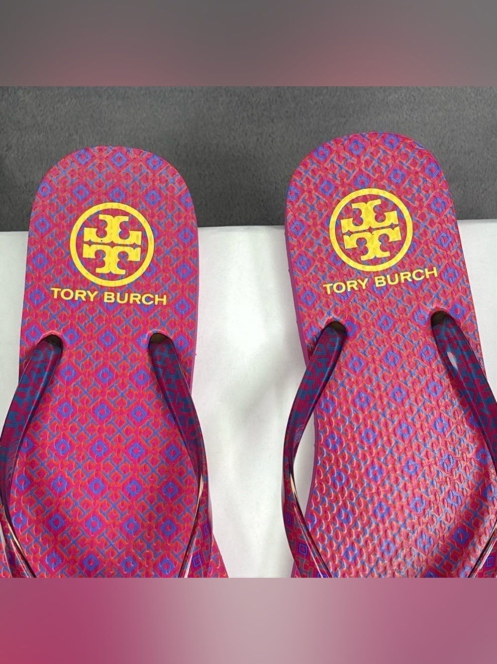 Tory Burch Pink and Blue Patterned Logo Flip Flops - Picture 3 of 14